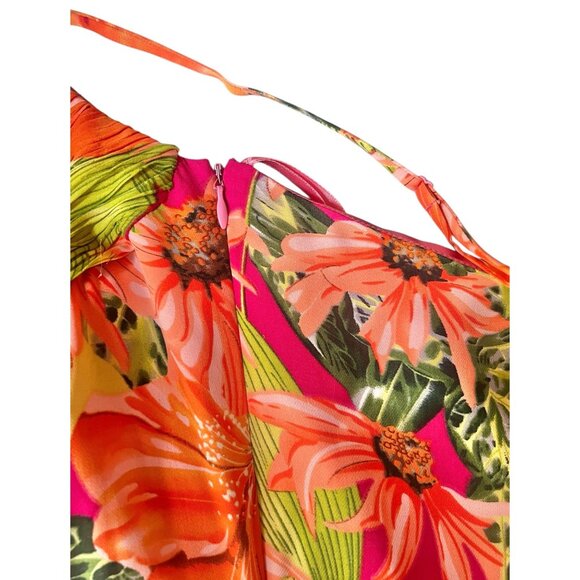 Sue Wong Size 12 Silk Floral Sundress Adjustable Straps Orange Red Green Lined - Picture 10 of 13